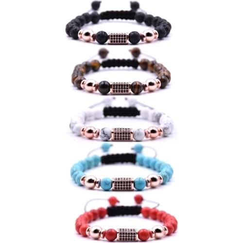 Wholesales 10PCS Brand Trendy Natural Beads Strand Bracelet CZ Rose Gold Cube Alloy Energy Men European Friendship Jewelry