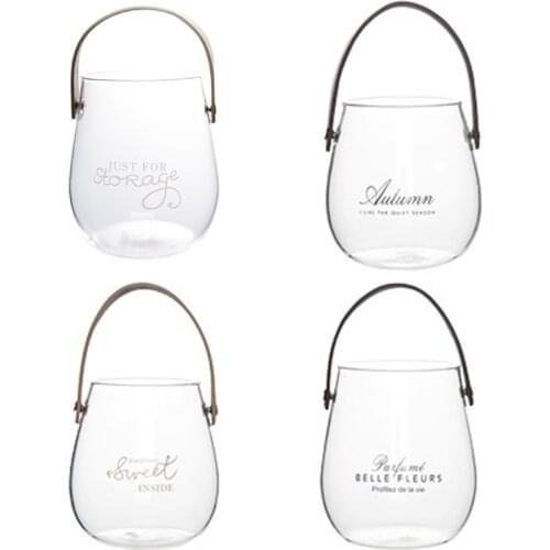 Clear Glass Vase with Leather Handle Tabletop Flower Container Flowerpot Plant Bottle Organizer Storage Jar Home Decor