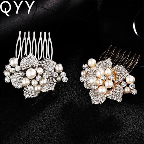QYY Fashion Flowers Pearls Bridal Hair Comb Zinc Alloy Rhinestone Hair Jewelry Wedding Hair Pins Tiara for Women