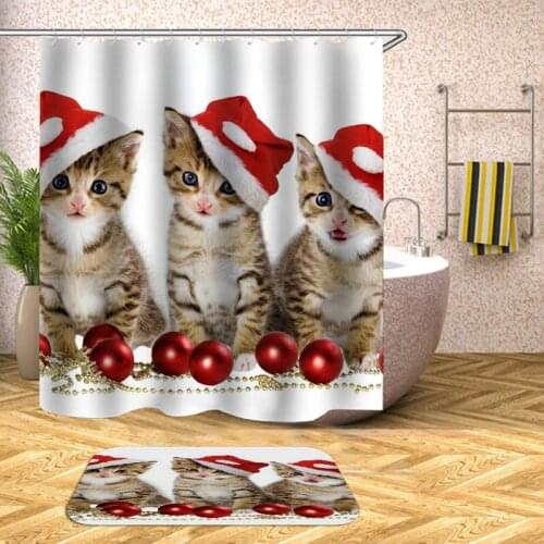 Cat Merry Christmas Shower Curtains Bathroom Curtain Bath Products Bathroom Decor with Hooks Waterproof Christmas Decor Rideau