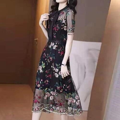 IVY HE Elegant Party Lace Mesh Dress Women Flower Embroidery Dress New Summer Female Bow Collar Short Sleeve Long Dress Vestidos