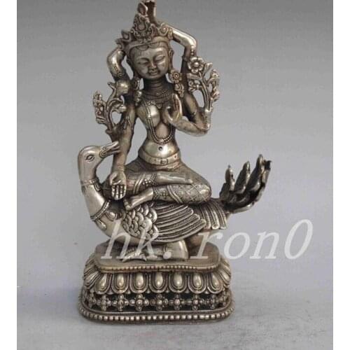 Elaborate Old Tibetan Buddhist Tibetan silver four arm Guanyin Buddha statue