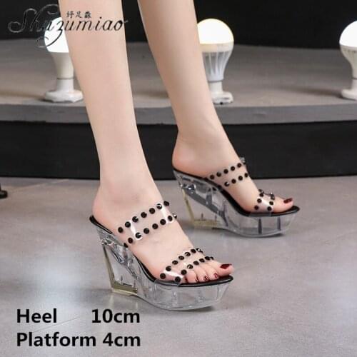 Rhinestone Transparent Crystal Show One Word Slippers 10 CM Wedge Slides Large Size Platform high heels Women Glow Clear Shoes