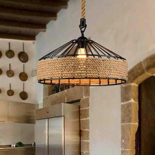 E27 Hemp Rope Hanging Lamp Vintage Pendant Lamp Ceiling Light, Retro Antique Industrial Adjustable Lamp Chandelier Iron Candlest