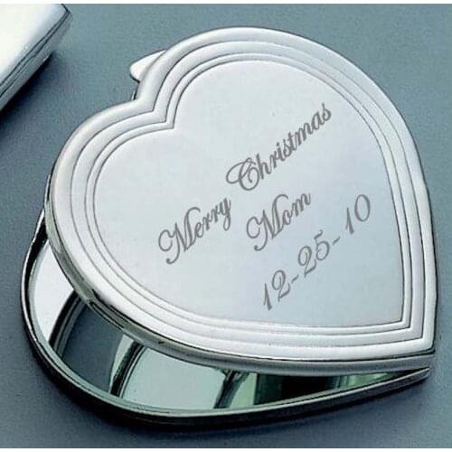ENGRAVED HEART COMPACT MIRRORS WITH BLACK VELVET POUCHES WEDDING XMAS GIFTS #18038-1