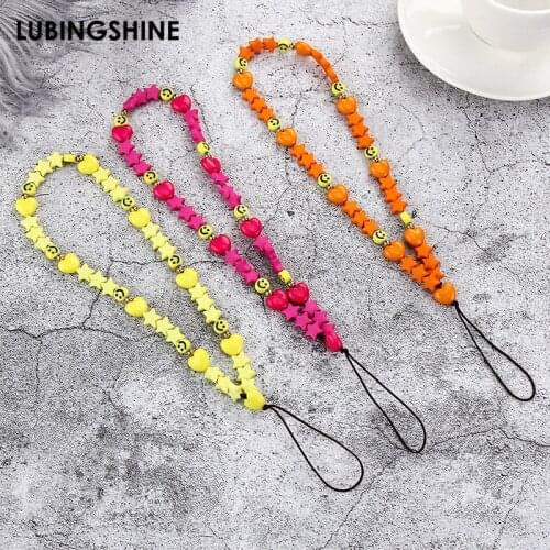 Fashion Colorful Acrylic Smile Face Beads Mobile Phone Chain Anti-lost Chains Lanyard for Girls Women Halter Neck Key Chain Gift