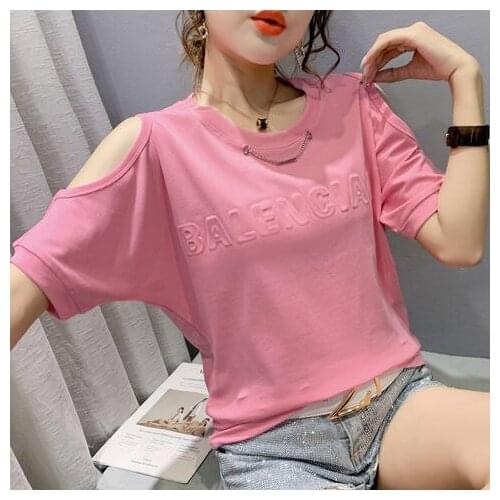 Summer new 2021 fashion all-match letter off-shoulder top temperament round neck thin loose short-sleeved t-shirt female tide