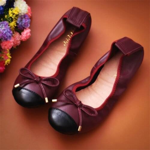 AUCVEE Genuine Leather Popular Genuine Leather Ballerina Flats Shoes Woman Round Toe Big Size 44 Casual Bow Pregnant Shoes Flats