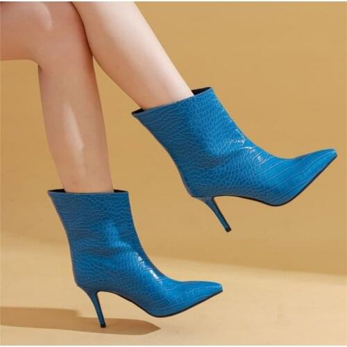 New Crocodile Pattern Ankle Boots Women Sexy Pointed Toe Thin High Heels Booties Stiletto Heel Shoes Woman Winter Boot Size 43