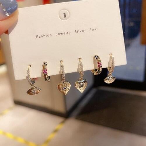 Colorful Rainbow Stone Love Heart Eye Pendant Hoop Earrings for Women 6-piece Vinatge Jewelry Gifts Wholesale S-E1279