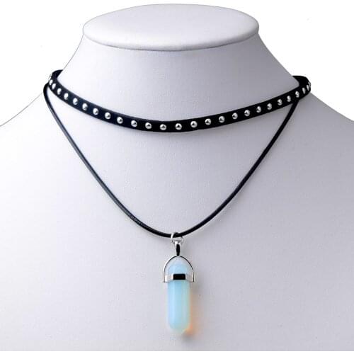 Hexagonal Column Bullet Quartz Pendant Natural Stone Necklace Velvet Leather Chain Choker Necklace for Women Fashion Jewelry