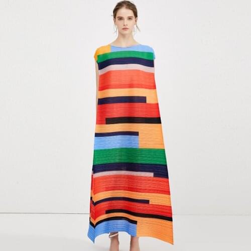 Women Summer Oversized Pleated printed casual elegant loose plus size robe colorful Strip contrast vacation Dress