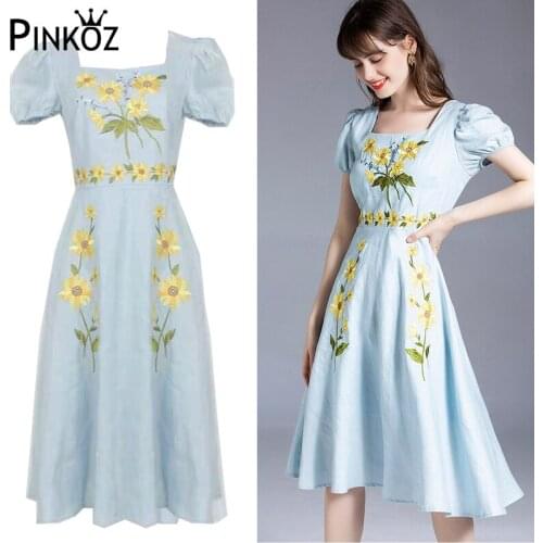 Pinkoz vintage victoria light blue square collar sunflower embroidery high waist knee length dresses women party casual robe