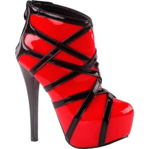 LF80858 Show Story Punk Red Black Strappy Platform Stiletto Ankle Bootie Boots