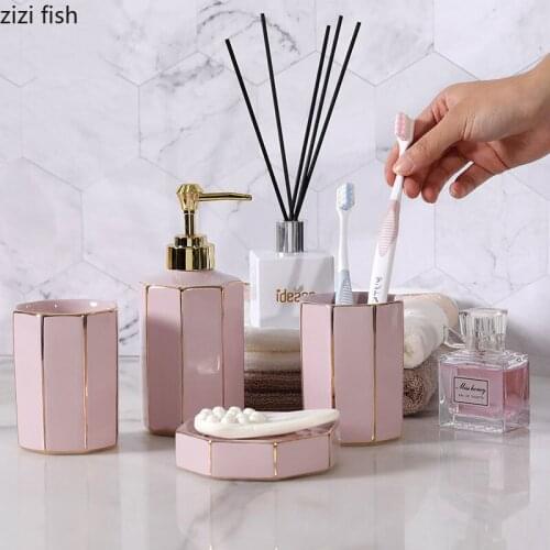 Golden Stripes Wash Tools Portable Soap Dispenser Toothbrush Holder Storage Bathroom Tray 4 Pcs/set Ceramic Bath Supplies