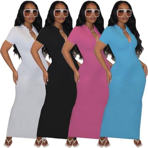 Echoine Zipper V-neck Skinny Stretch Long Dress Short Sleeve Sexy Bodycon Vintage Vestidos Elegant Robe Sundress Party Night