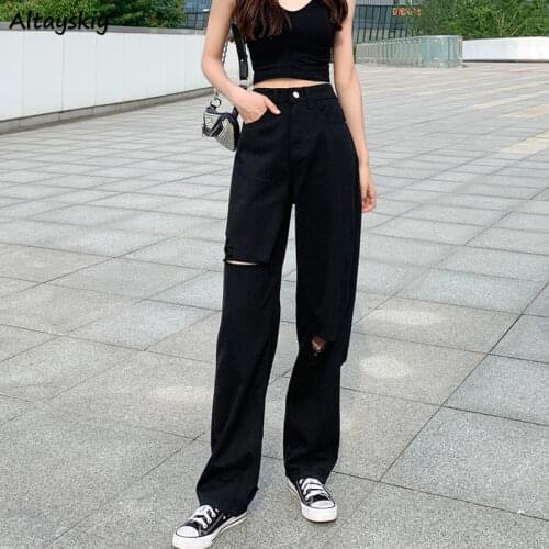 Jeans Women Denim Hole Button Pockets Loose Plus Size 5XL Black Trousers Baggy Chic Harajuku Daily Scratched Wide Leg Streetwear