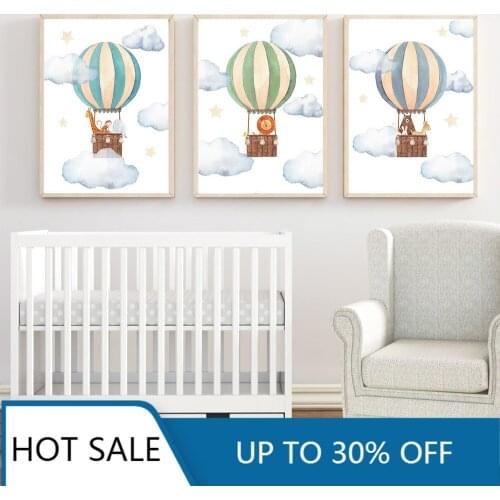 Canvas Painting Lion Elephant Bear Woodland Animal Print Hot Air Balloon Cloud Nursery Wall Art Poster Picture Baby Room Decor