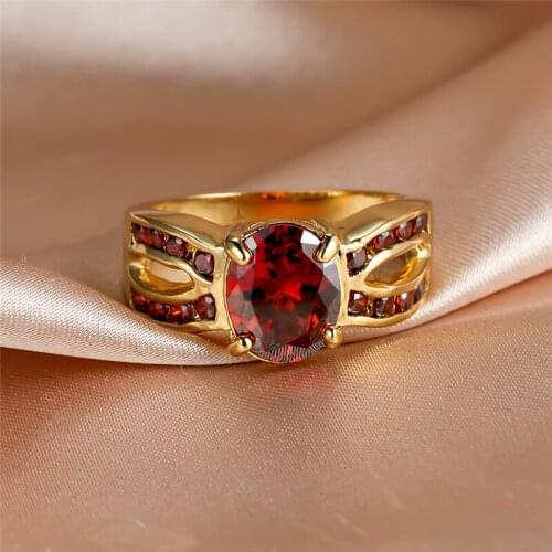 Luxury Yellow Gold Ring Red Oval Zircon Rings For Women Men Wedding Jewelry Vintage Fashion Birthstone Ring Mothers Day Present