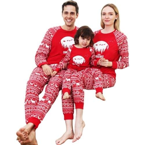 2021 Merry Christmas Family Matching Outfits Pajamas Set Red T-Shirt+Long Pants Soft Casual Mommy and Me Clothes Family Look