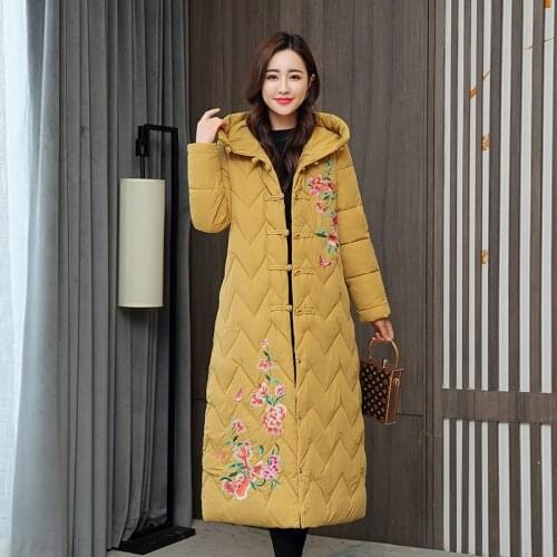 Jacket X-Long Hooded with Embroidery Chinese Style Womens Winter Woman Parkas Plus Size Stand Collar Single Breasted Thick Coa