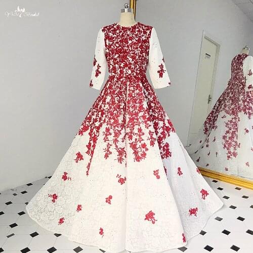 RSE881 Prom Dresses Long Sleeves Big Pleated Skirt Ivory And Red Appliques Gala Jurk Balo Elbiseleri