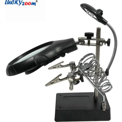 Luckyzoom Welding Helping hand Magnifying Glass LED Illuminated Magnifier Loupe 2.5X 7.5X 10X Third Hand Soldering Repair Lupa