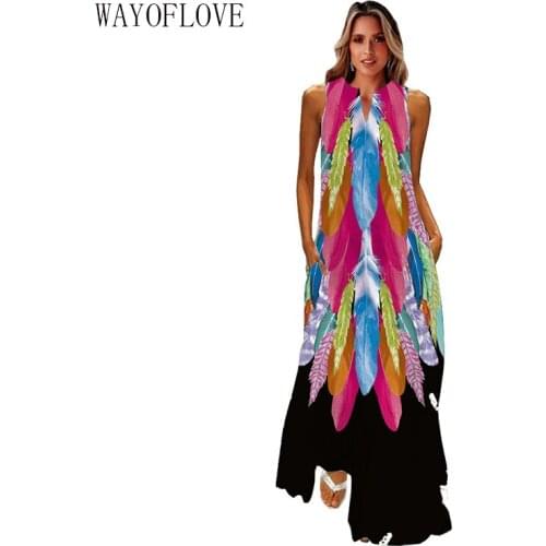WAYOFLOVE Fashion Feather Print Dress 2021 Sleeveless Plus Size Long Dresses Summer Woman Casual Girl Beach Maxi Dress For Women