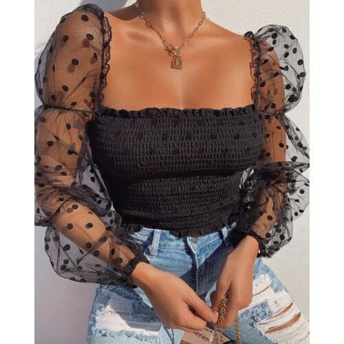 Women Mesh Sheer Blouse Chiffon See-through Long Sleeve Top Shirt Blouse Fashion Organza Transparent White Shirt Female Blusas