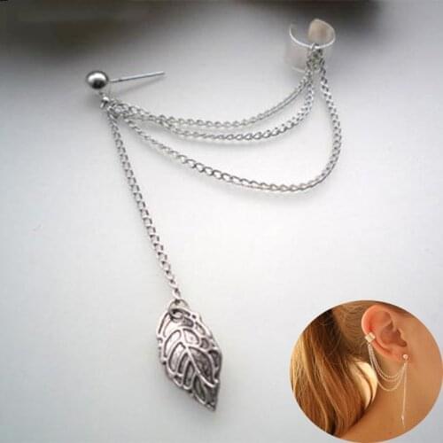 PINKSEE Ladies 1Pc Gothic Punk Silver Color Spike Tassels Clip Earrings Leaf Chain Ear Cuff Wrap Piercing Earring Jewelry