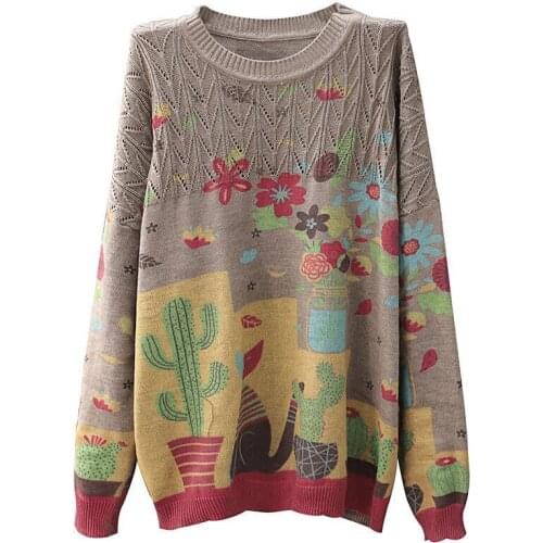 Retro literature and art 2021 spring and autumn new printed wool sweater womens round neck loose lazy style sweater