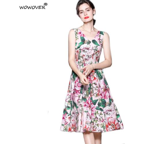Summer Clothes for Women 2021 New Runway Sleeveless Flower Printed Tank Dress O Neck Elegant Elastic Waist Beach Holiday Vestido
