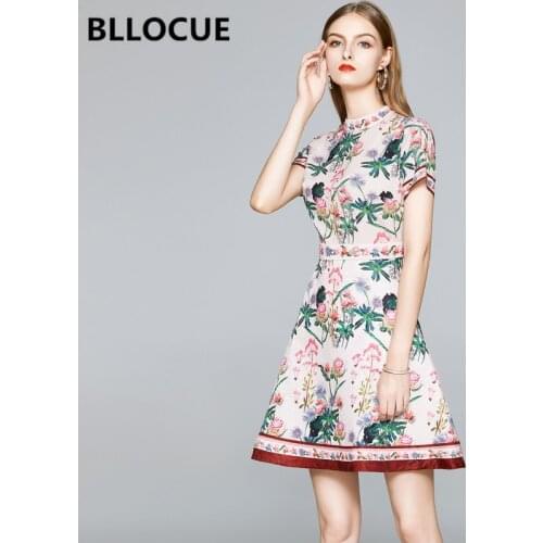 BLLOCUE Fashion Runway Flower Print Dress Womens Small Stand Collar short Sleeve Vintage Dress Female Elegant Sweet Mini Dresse