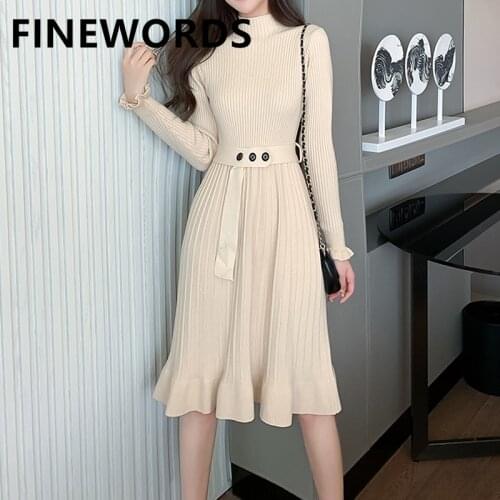FINEWORDS Winter Elegant Beige Knitted Dress With Sashes Korean Ladies Office Dresses Women Vintage Long Sleeve Sweater Dress
