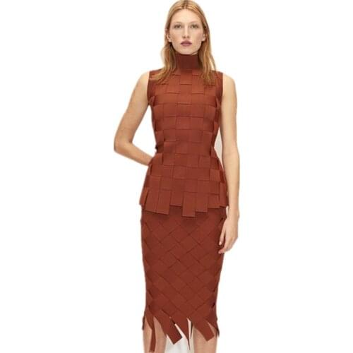 Winter Style Women Sexy Turtleneck Brown Tassel Two Piece Bandage Set 2020 Celebrity Designer Fashion Winter Womens Set