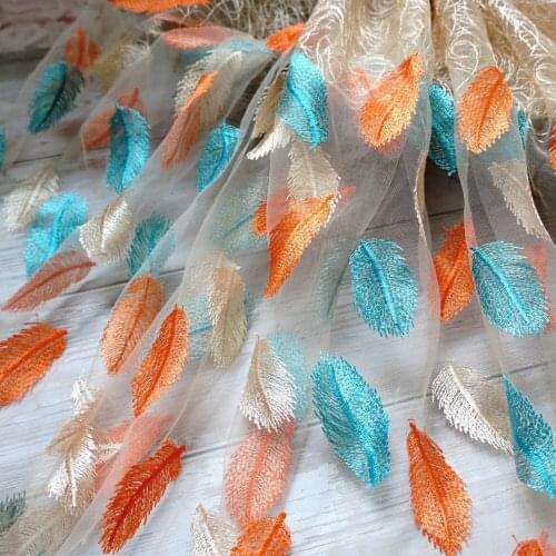 2 Yards Colorful Feathers Overlay tulle lace fabric Fairy Embroidery Gold Thread For DIY Sewing Summer Dress Party Dress Curtain