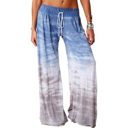 Women Wide Leg Long Pants Gradient Print Loose Workout Fitness Pants Trousers with Inner Drawstring Spring Summer Ladies Trouser