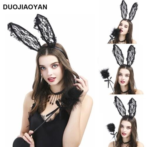 DUOJIAOYAN 2020 Sexy Party Hair Hoop Accessory Lace Rabbit Ears Headband Sexy Bunny Girls Hairband For Halloween Women