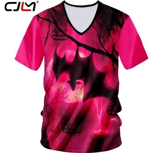 CJLM Man Halloween 3D Printed Animal V Neck Tshirt Creative Moon And Bat Mens Clothing Gothic Large Size Wholesale 5XL