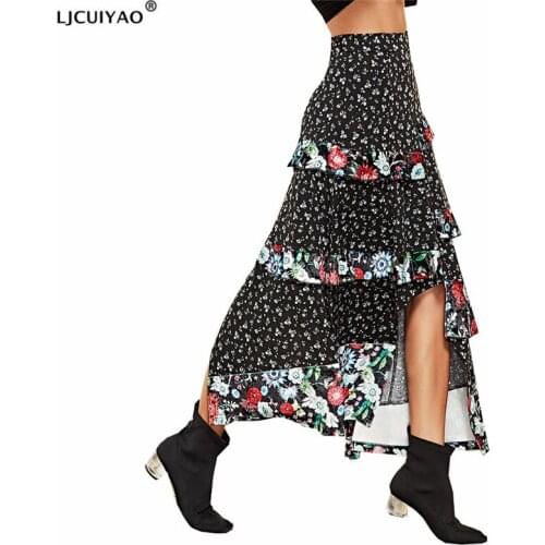 LJCUIYAO Boho Print Long Skirts Women Bottoms Elastic Waist Ladies Stitching Female Flowers Spring Summer Fashion Split Ruffle