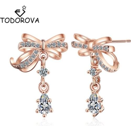 Todorova Fashion Sparkling Bow Stud Earrings with Clear AAA Cubic Zircon Women Party Luxury Jewelry Elegant Bridal Wedding Gifts