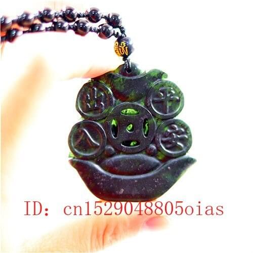 Natural Black Green Chinese Jade Treasure Pendant Beads Necklace Charm Jewelry Obsidian Accessories Carved Amulet Gifts for Men