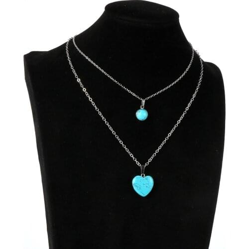 Fashion BOHO Double Layer Natural Stone Pendant Necklace Women Love Heart Round Statement Choker Necklaces Ladies Jewelry Gift