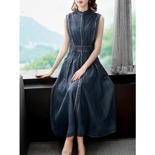 TIYIHAILEY 2021New Free Shipping Vintage Women Long Mid-calf Sleeveless Denim Summer Dresses Single Breasted Stand Collar S-XL