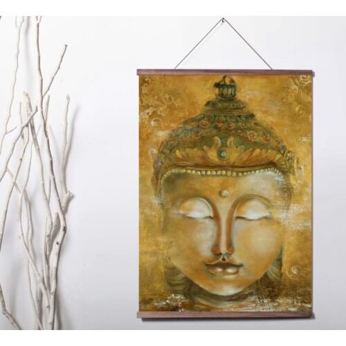 The Head of a Golden Buddha Art Canvas poster decoration painting with solid wood hanging scroll