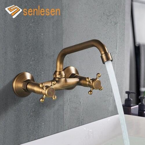 Senlesen Basin Faucet Bathroom Tap Antique Brass Wall Mounted Double Switches Brass Mixer Water Hot and Cold Water