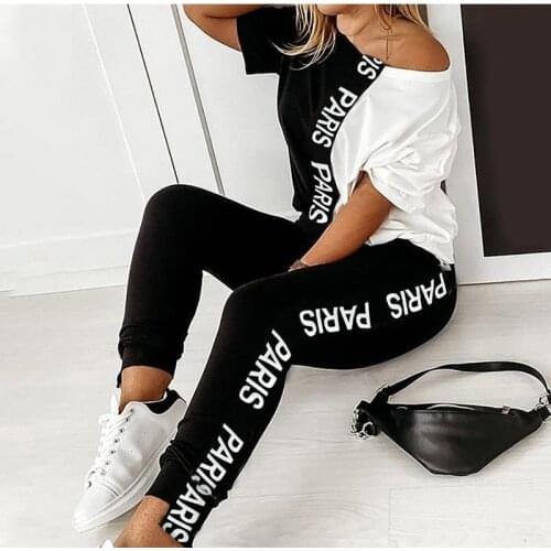 Letter Pint Off Shoulder Tracksuit Women Two Piece Set Summer Clothes Short Sleeve Colorblock Top Pants Suit Womens Sets Outfit