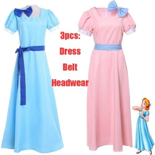 Peter Pan Wendy Cosplay Costume Women Blue Long Dress Half Sleeve Party Princess Dress Adult Halloween Dress with Belt Bowknot