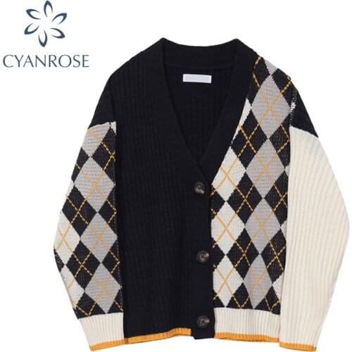 Vintage Geometric Rhombic Cardigan Sweater Women Autumn Warm Long Sleeve Outerwear 2020 Elegant V-Neck Chic Patchwork Knit Tops