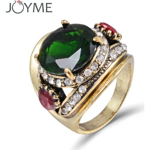 Luxury Imitation Retro Vintage Jewelry Big Green Austria Crystal stone Ring For Women Men Antique Gold-Color Anel